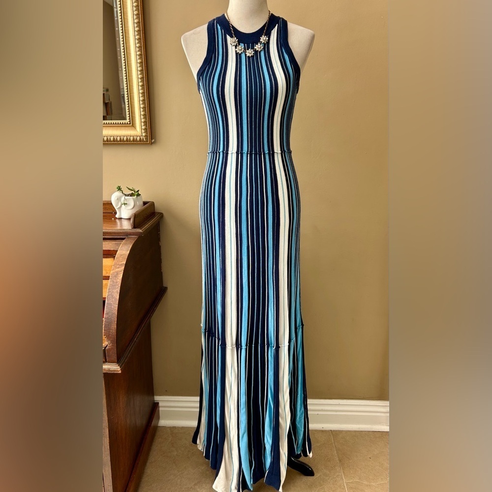Anthropologie Maeve Lisanne Knit Maxi Dress Blue White Vertical Stripe Size S - Picture 2 of 14